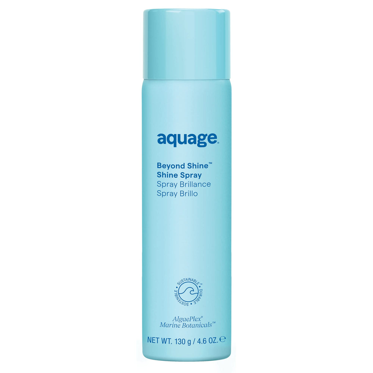 Aquage Beyond Shine fine-mist silkening spray bottle adds radiant gloss to finished looks.