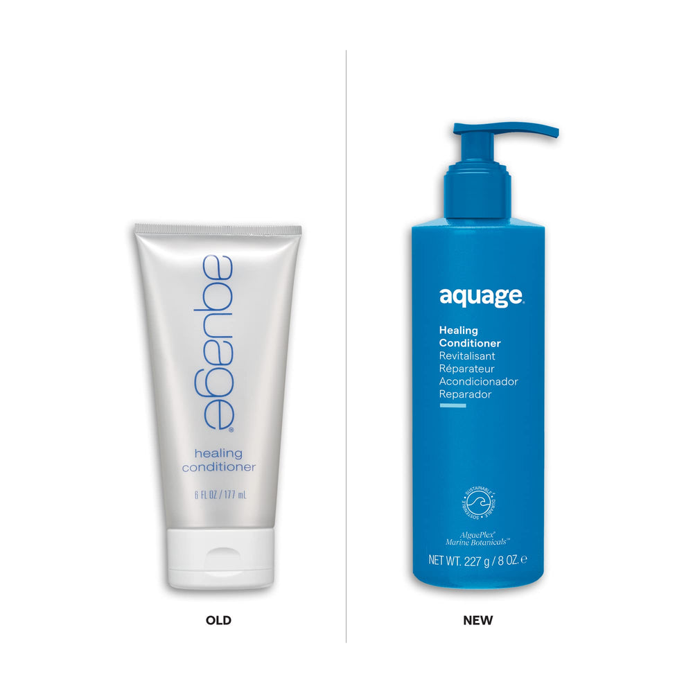 Aquage Healing Conditioner Algaeplex ingredients closeup highlights marine botanicals supporting hair resilience.