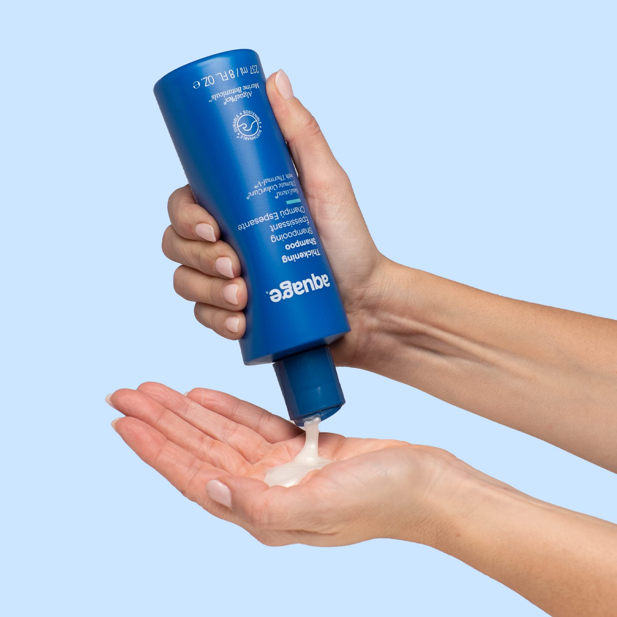 Aquage SeaExtend Thickening Shampoo gloss-enhanced strands under soft lighting