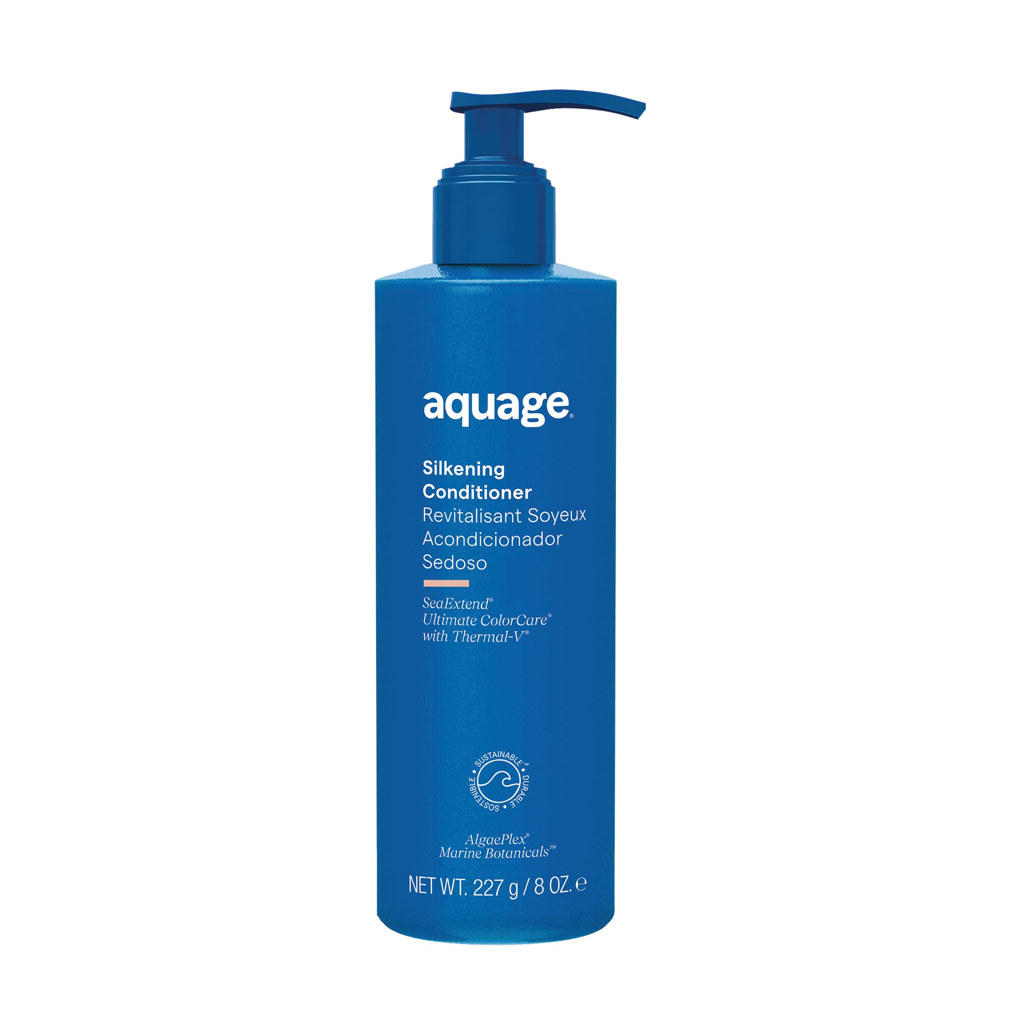 Aquage SeaExtend Silkening Conditioner bottle close-up for sleek styling.