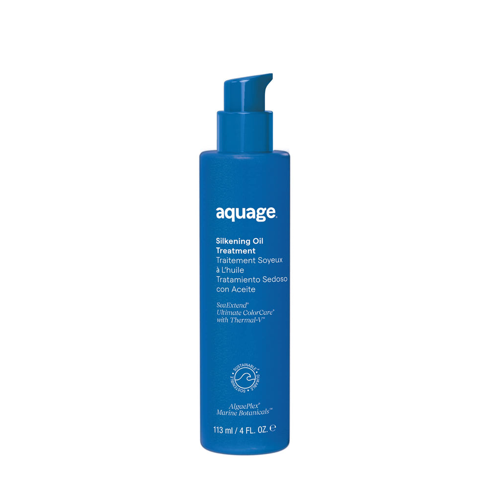 Aquage SeaExtend Silkening Oil Treatment bottle shows colorless formula for smooth, frizz-free finish
