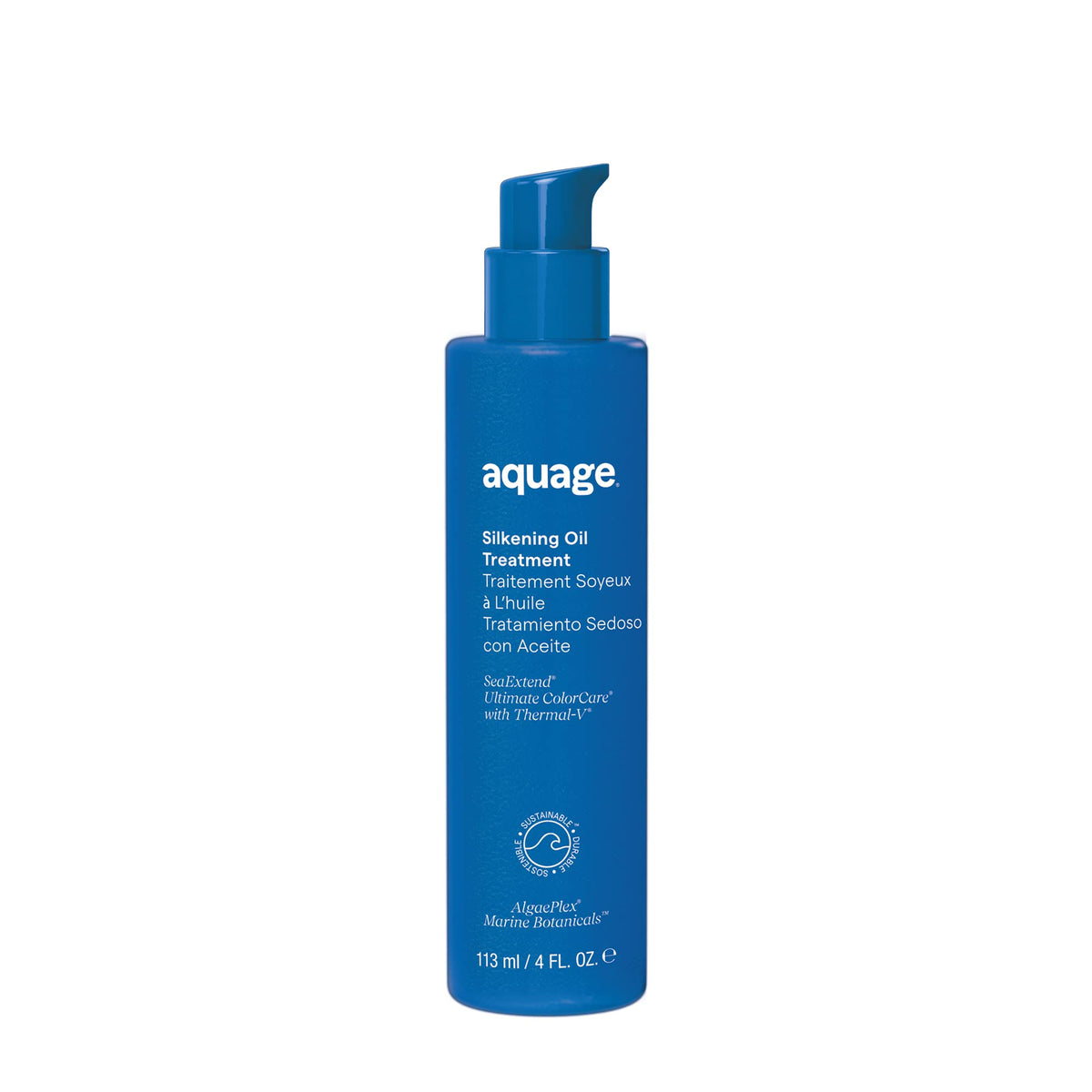 Aquage SeaExtend Silkening Oil Treatment bottle shows colorless formula for smooth, frizz-free finish