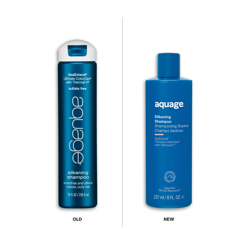 AQUAGE SeaExtend Silkening Shampoo on wet hair shows thick, luxurious foam for cleansing.