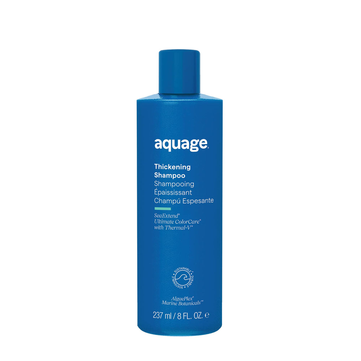 Aquage SeaExtend Thickening Shampoo bottle on vanity highlights color protection