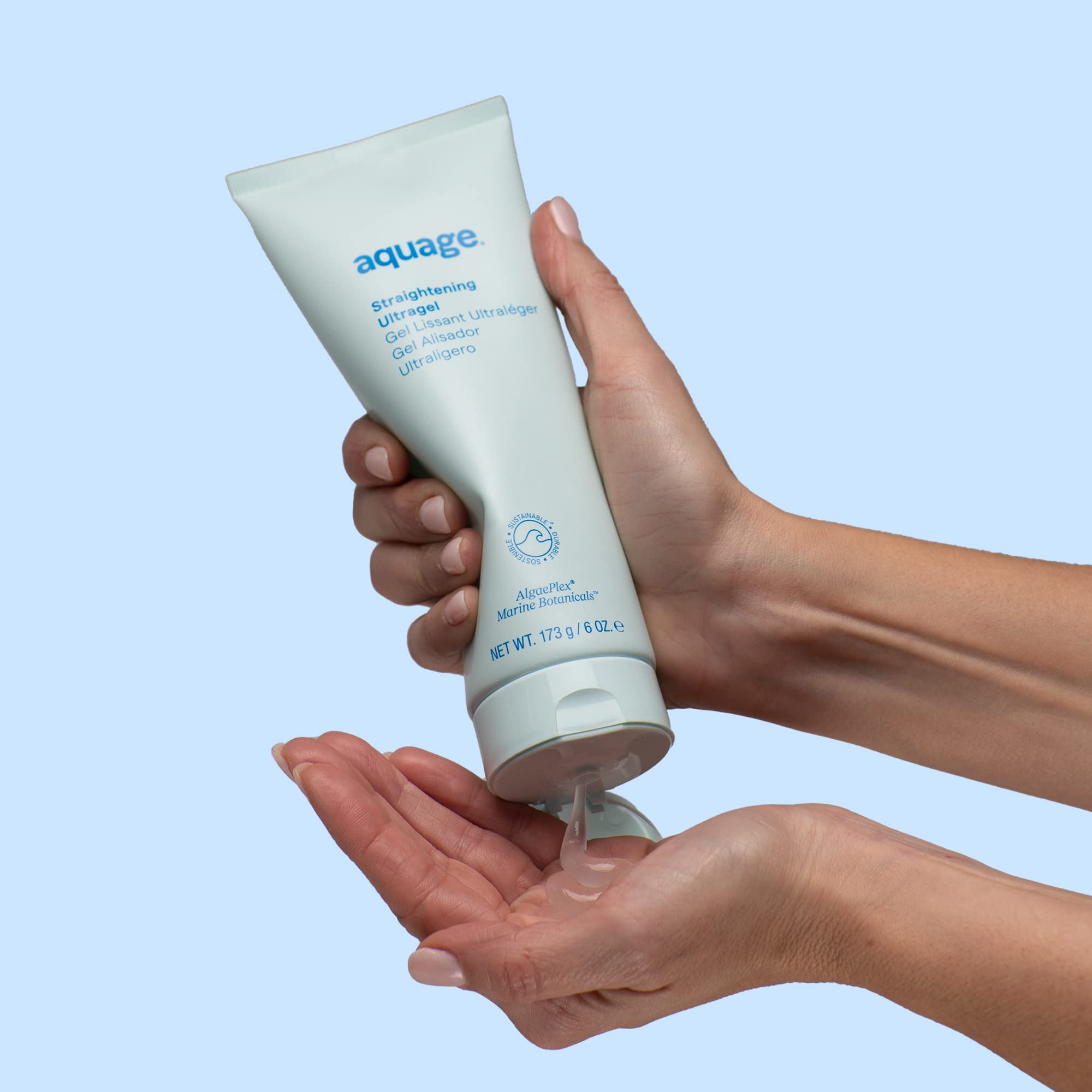 Aquage Straightening Ultragel pump-dispense demonstrates even distribution for quick styling.