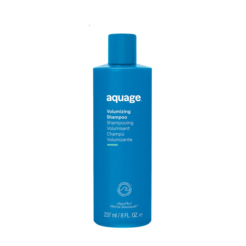 Aquage Volumizing Shampoo bottle closeup highlighting volume-boosting formula and color-safe care.