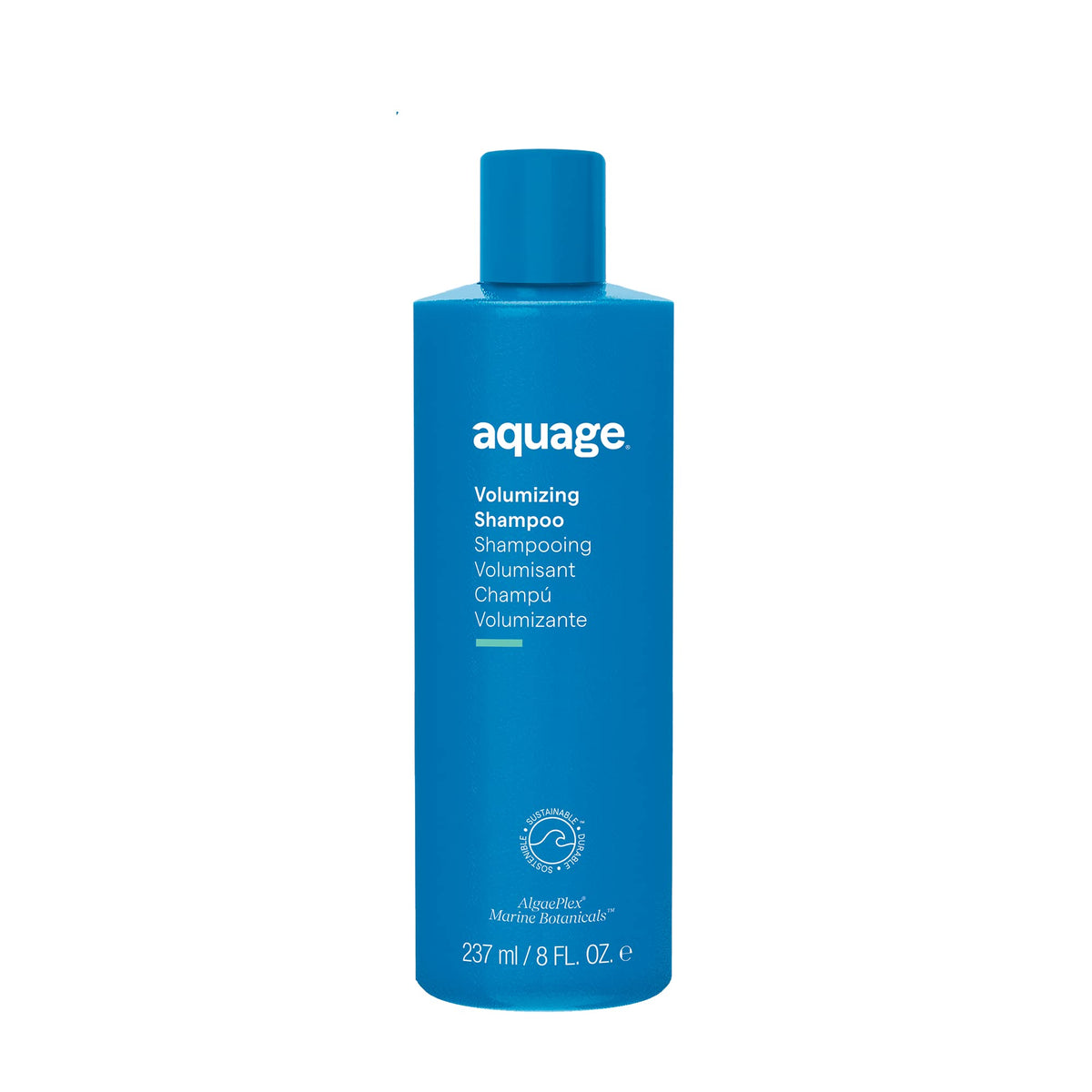 Aquage Volumizing Shampoo bottle closeup highlighting volume-boosting formula and color-safe care.