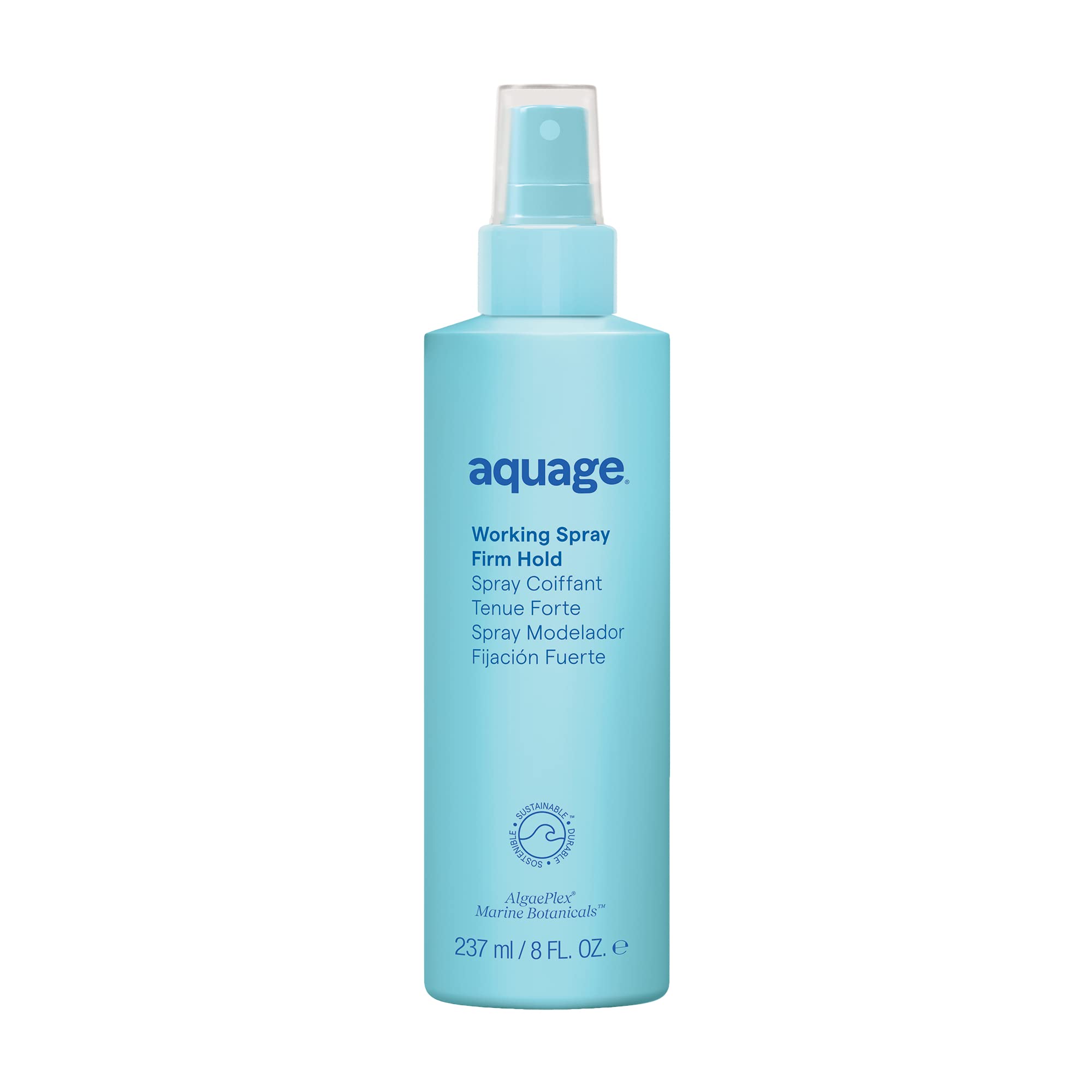 Aquage Working Spray bottle demonstrates non-aerosol design for controlled, long-lasting hold.