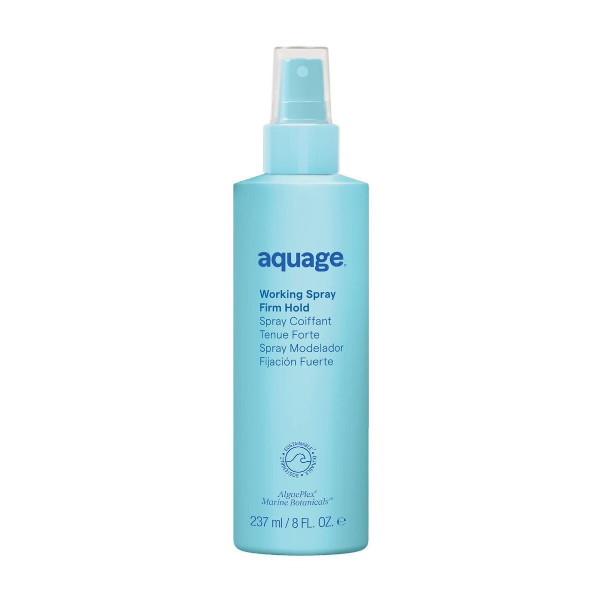 Aquage Working Spray bottle demonstrates non-aerosol design for controlled, long-lasting hold.