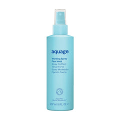 Aquage Working Spray bottle demonstrates non-aerosol design for controlled, long-lasting hold.