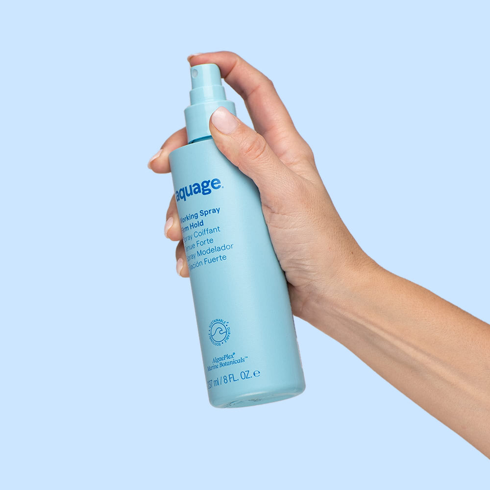 Aquage Working Spray dry-down close-up captures workable finish before setting.