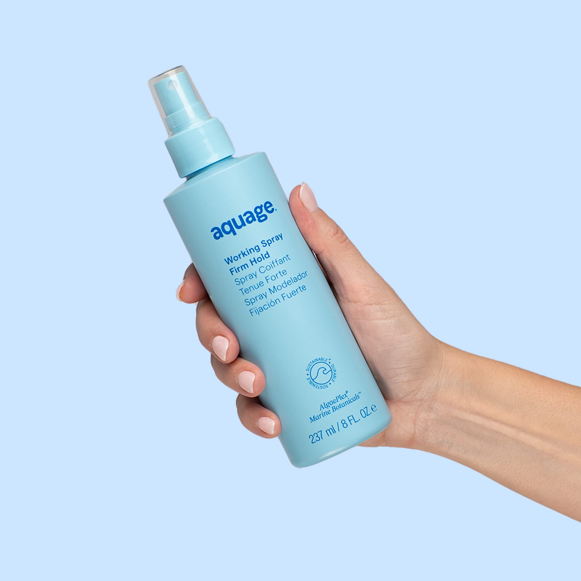 Aquage Working Spray thermal-styling scene demonstrates compatibility with heat tools.