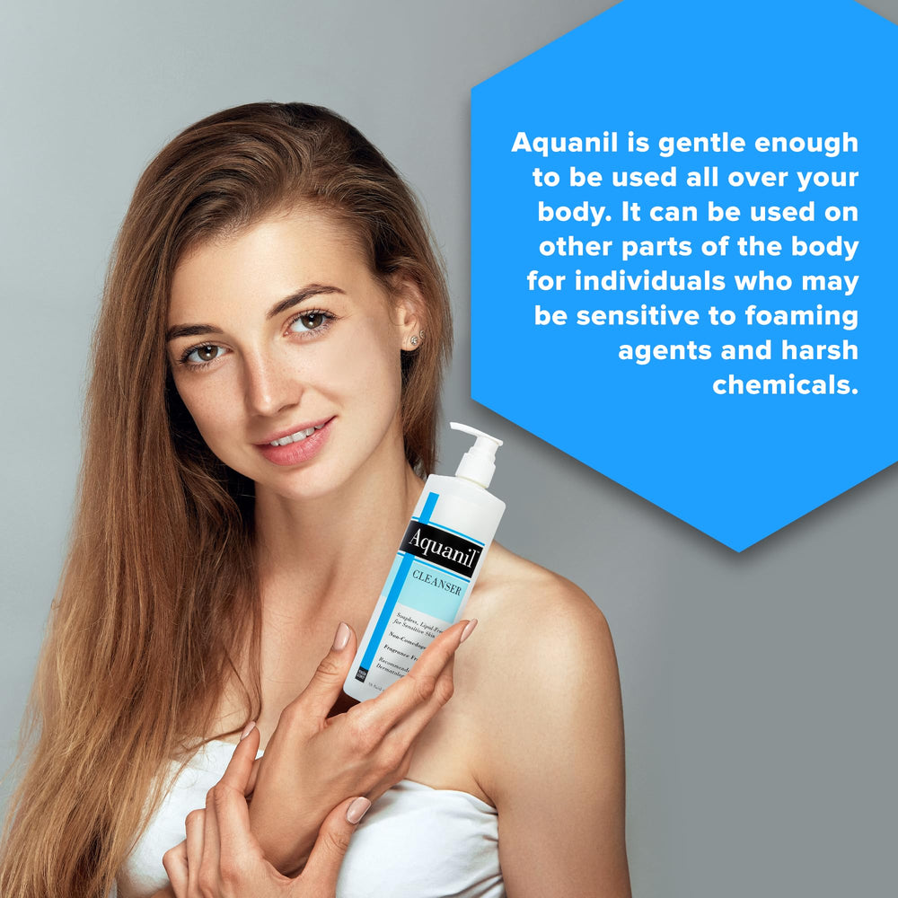 Aquanil soap-free formula bottle—dye-free skincare suitable for sensitive types.