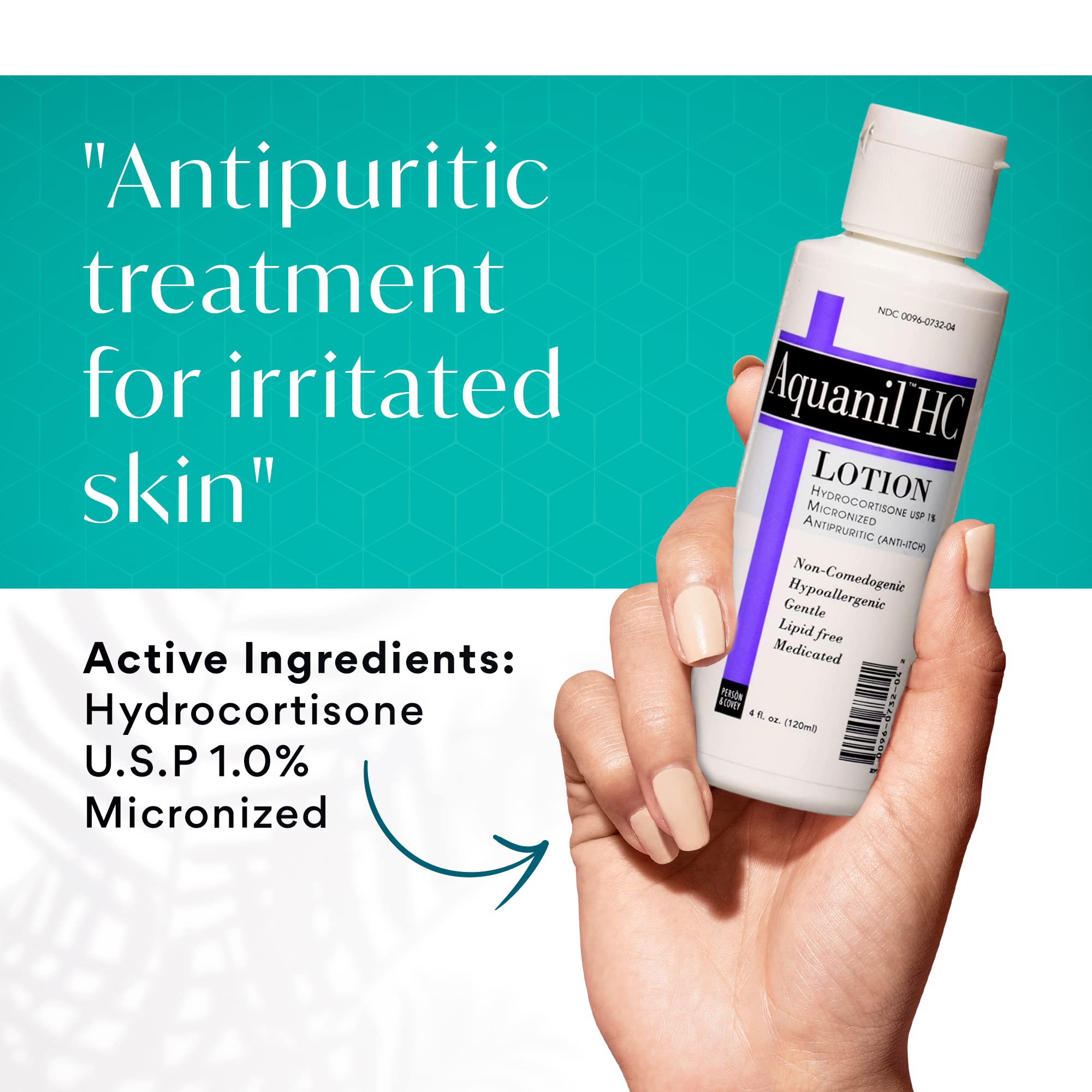 Aquanil HC Lotion bottle side view highlights travel-friendly 4 oz size for on-the-go itch relief