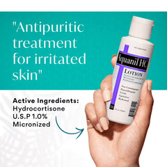 Aquanil HC Lotion bottle side view highlights travel-friendly 4 oz size for on-the-go itch relief