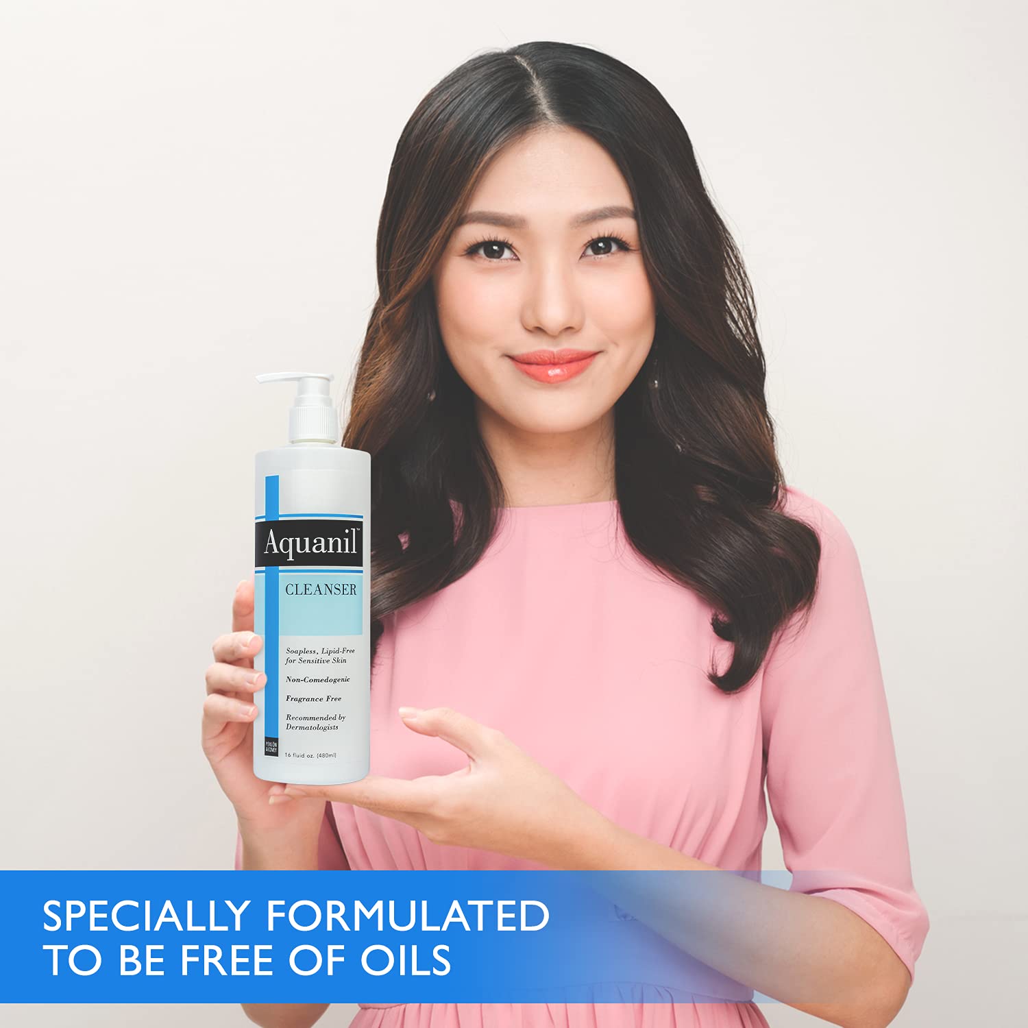 Aquanil Lotion texture on skin—silky, soapless cleanse for face and body.