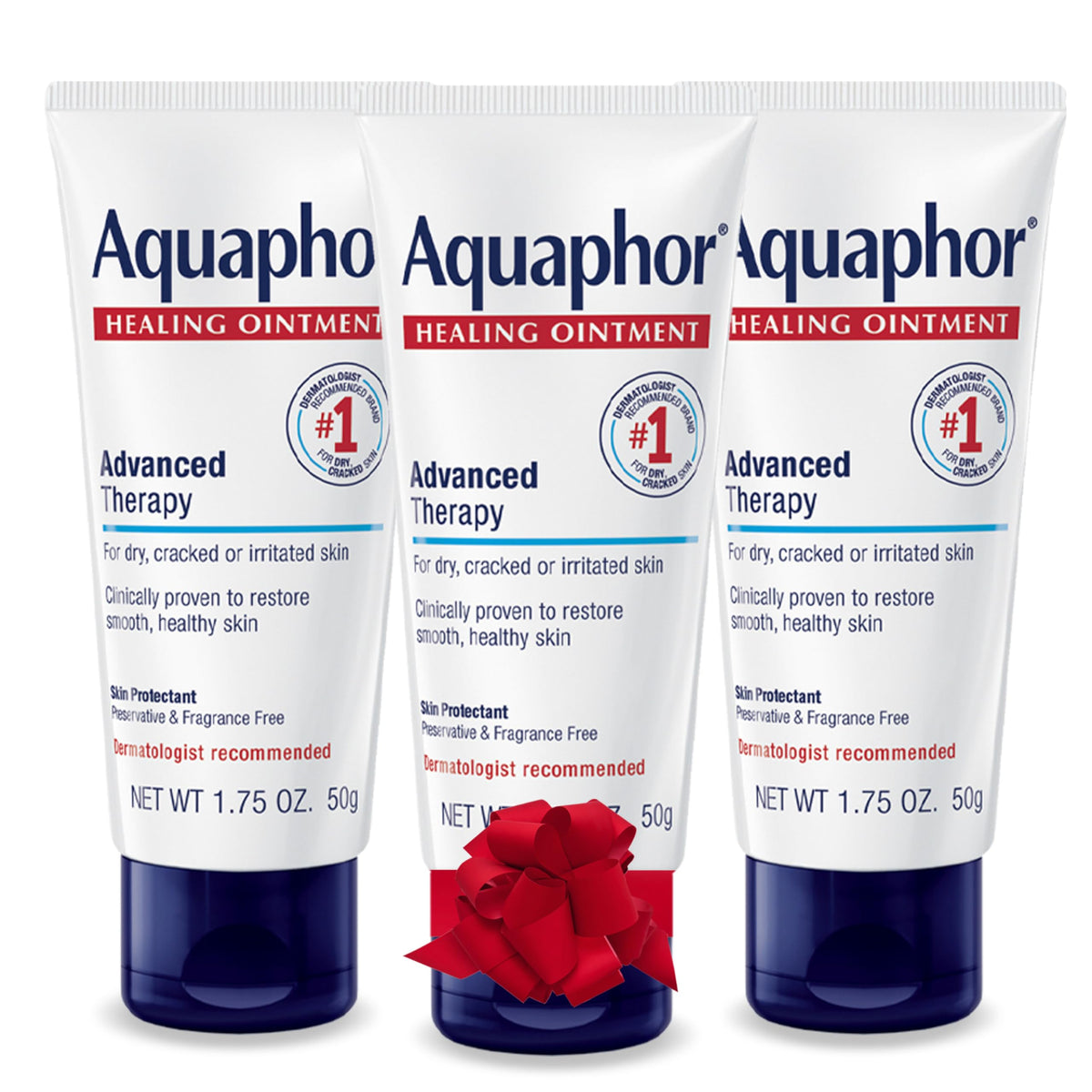 Aquaphor Advanced Therapy three-pack packaging displayed for dry skin protection