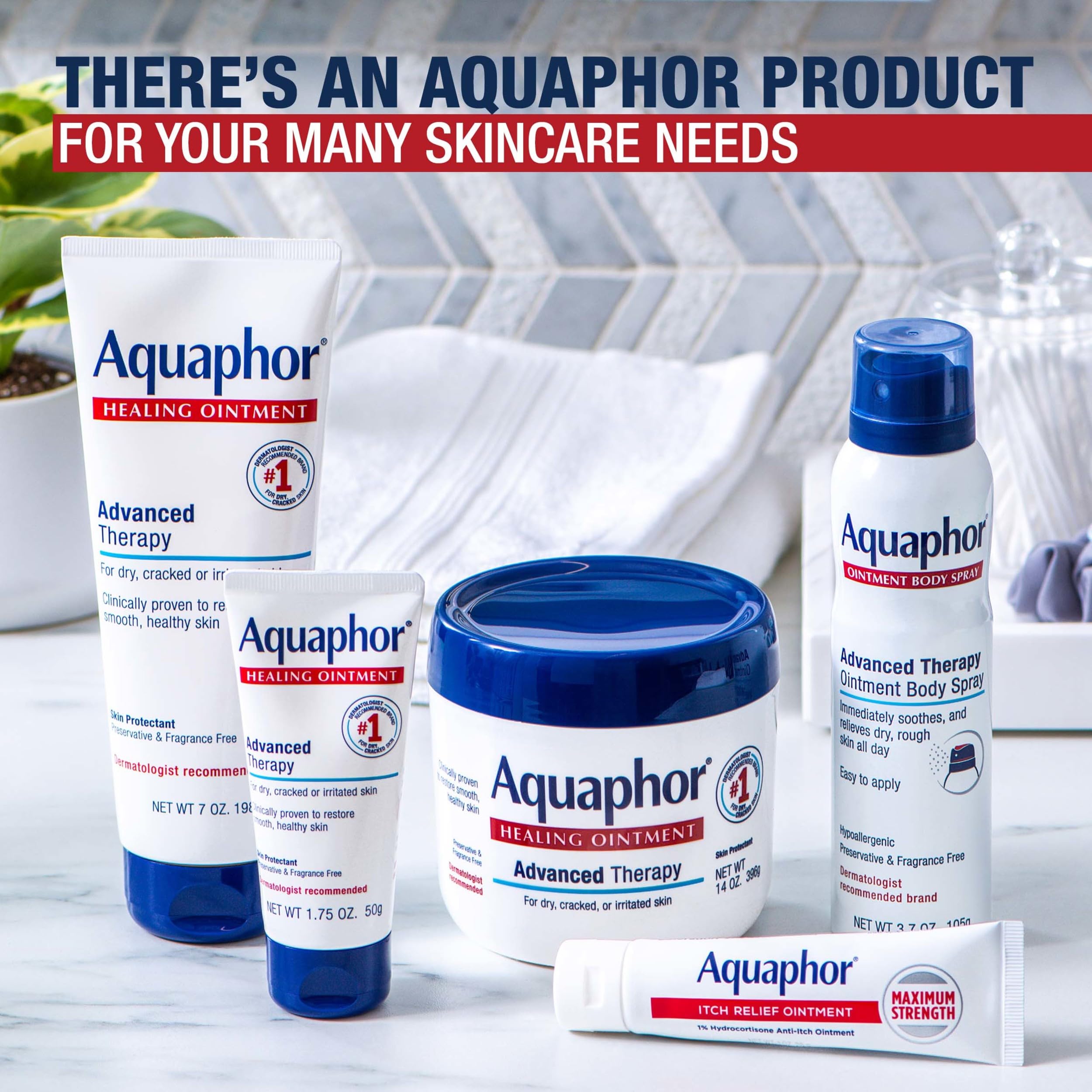 Aquaphor canister placed with other skincare products to show daily routine use