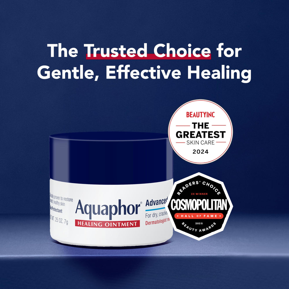Aquaphor Healing Ointment close-up texture highlighting creamy barrier for dry skin.