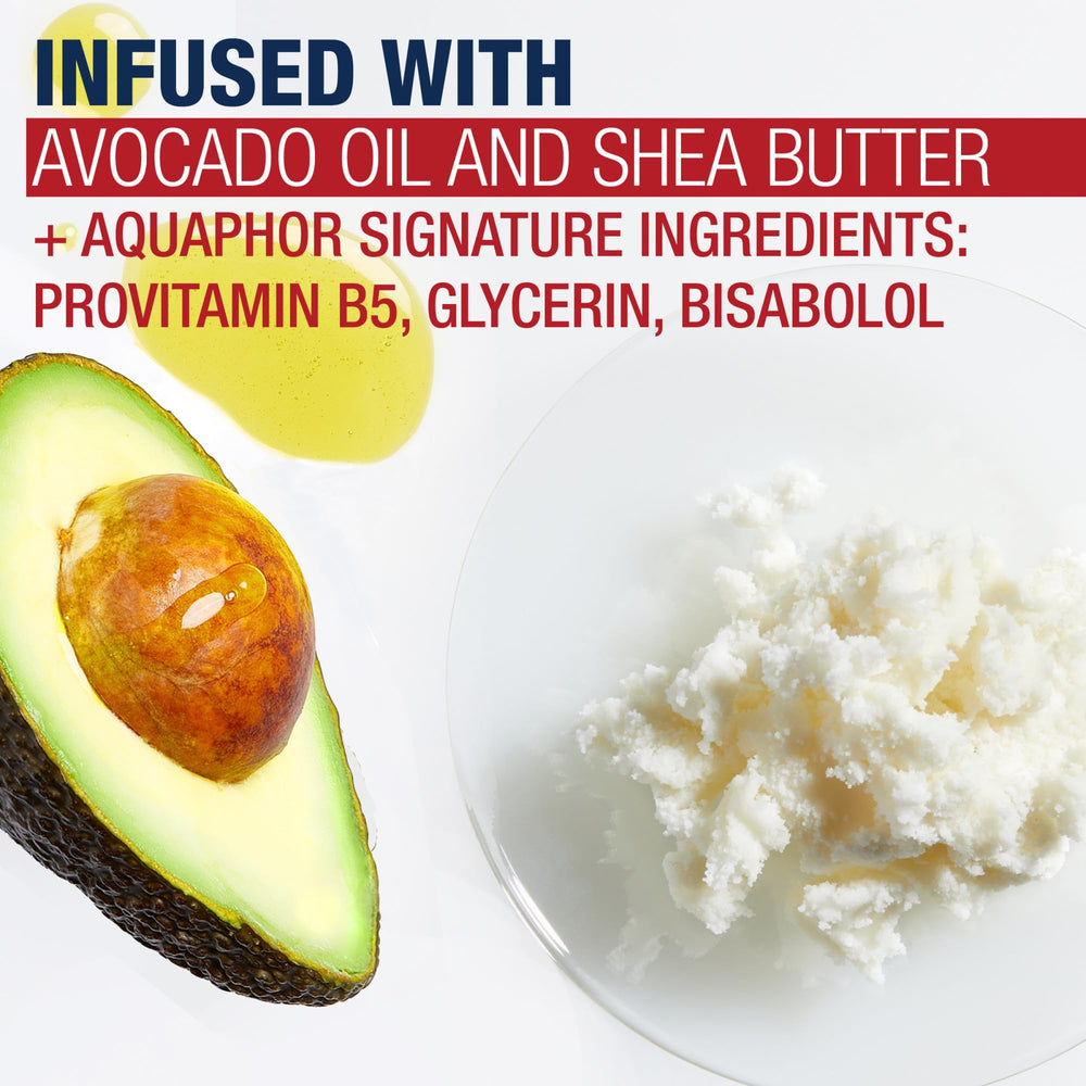 Aquaphor Repairing Hand Masks avocado oil and shea butter close-up of ingredients.