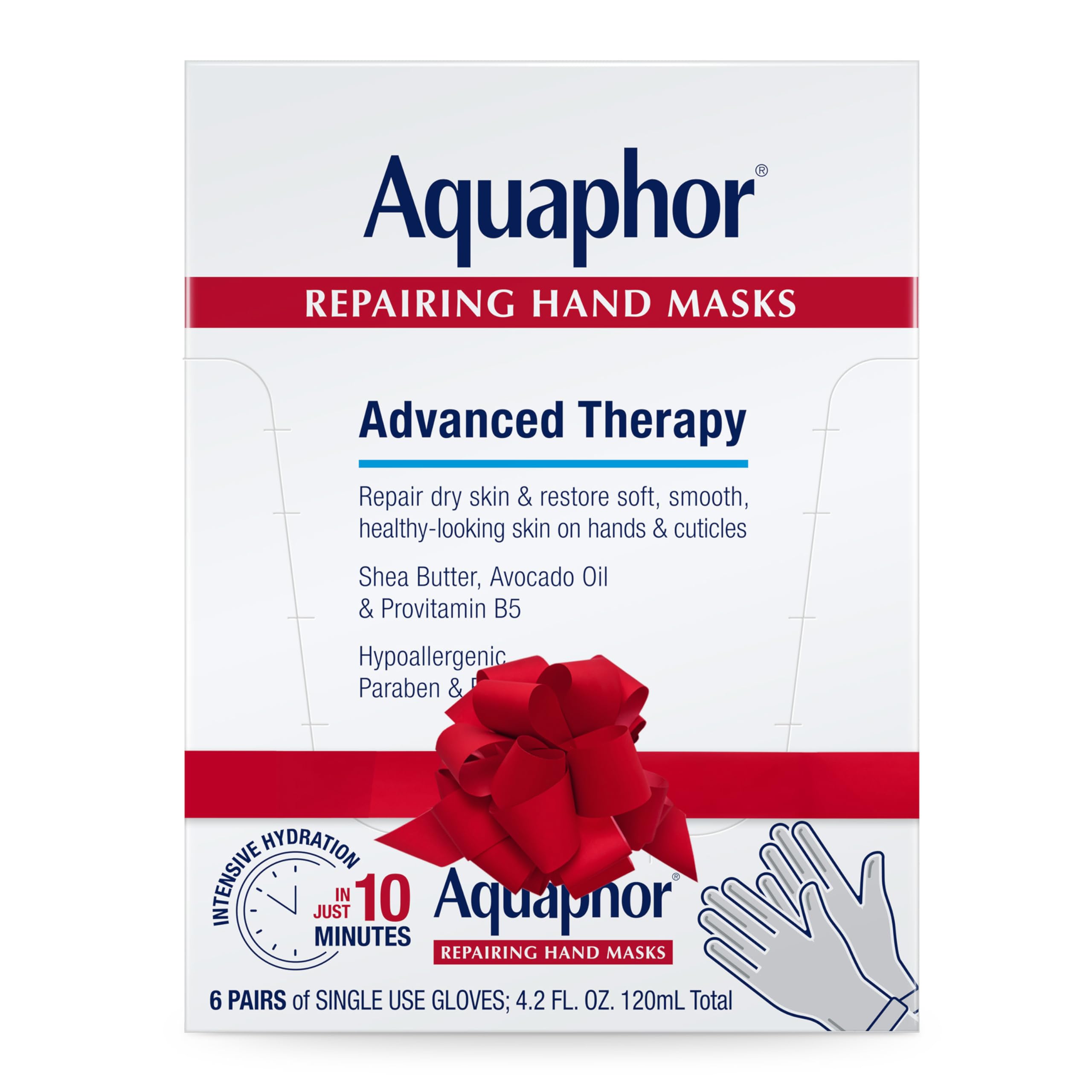 Aquaphor Repairing Hand Masks sachet opening for easy self-care at home.