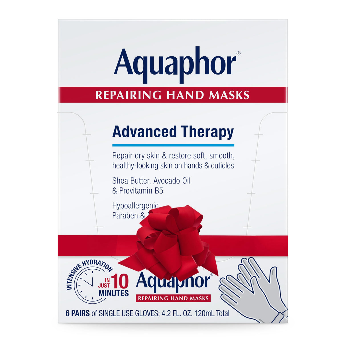 Aquaphor Repairing Hand Masks sachet opening for easy self-care at home.