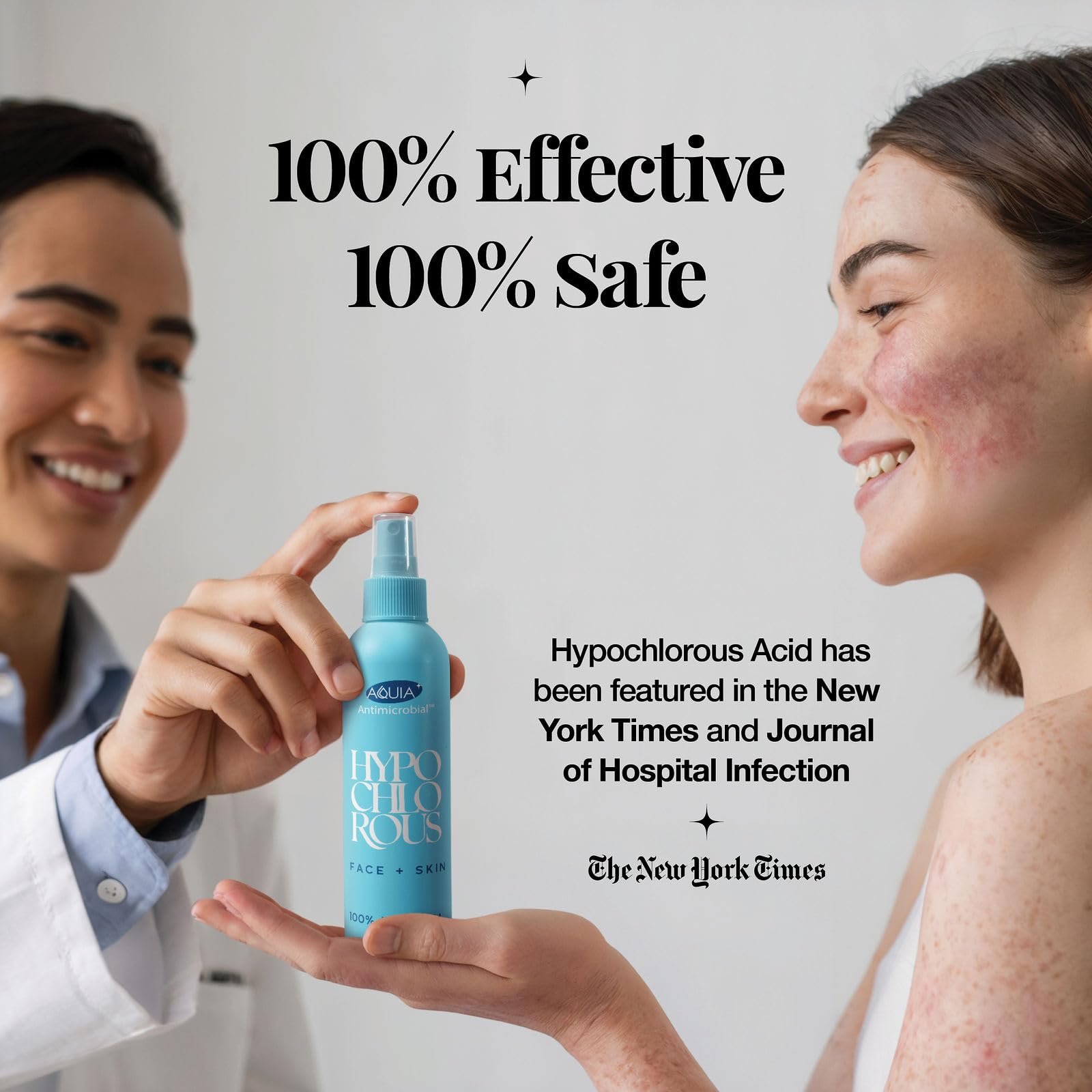 Aquia HOCl spray close-up highlighting gentle skin cleansing for daily use.