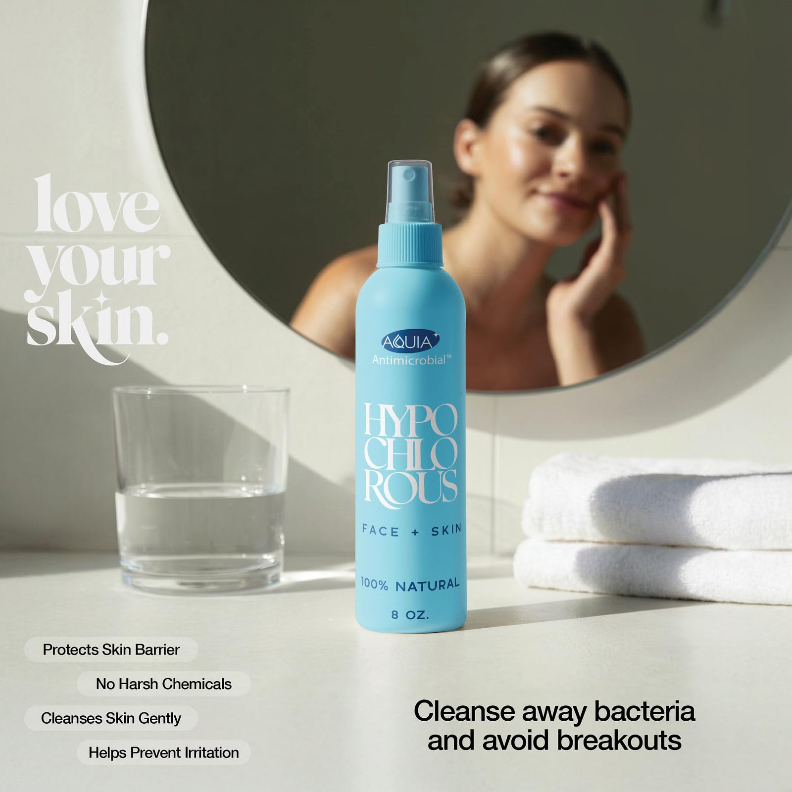 Aquia hypochlorous spray packaging display indicating ready-for-use wound care.