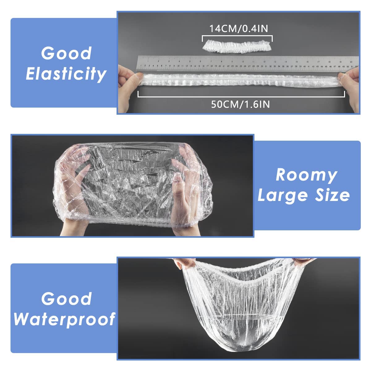 Aquior shower cap stretched on head shows large elastic fit for long hair.
