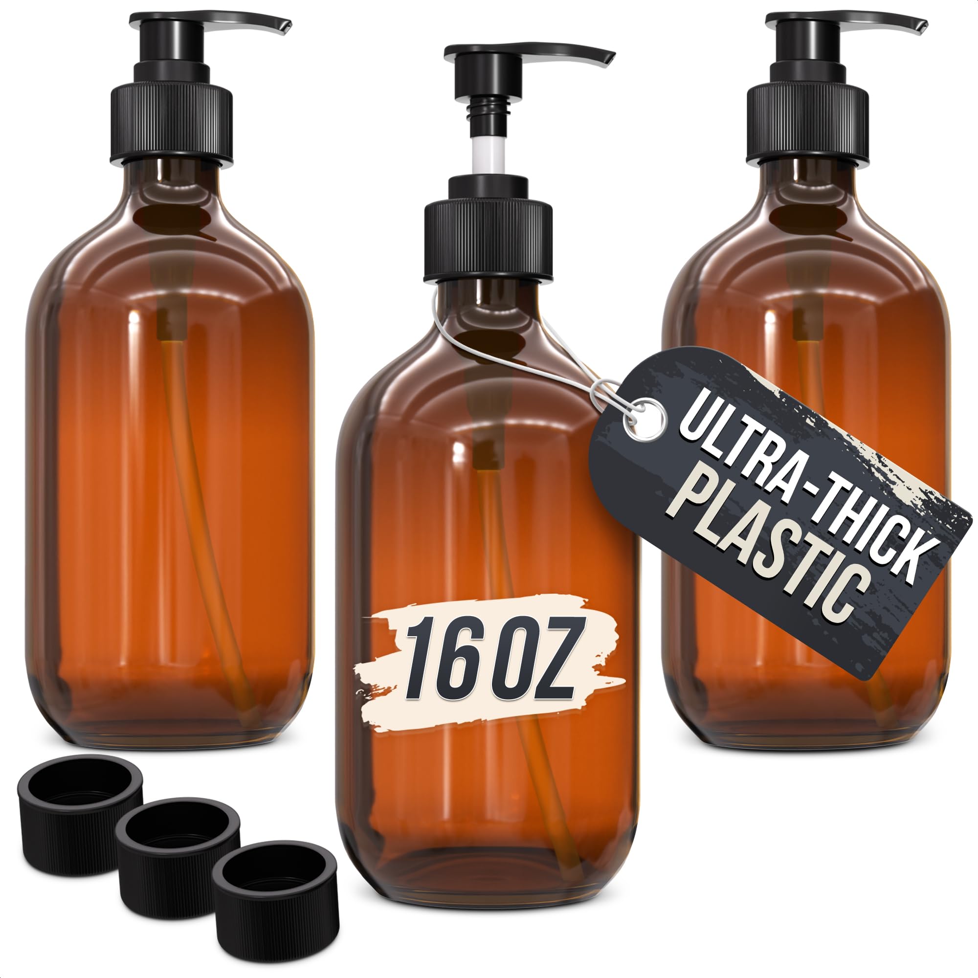 Aquue amber 16oz dispenser with pump ideal for hand and dish soap.