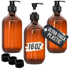 Aquue amber 16oz dispenser with pump ideal for hand and dish soap.