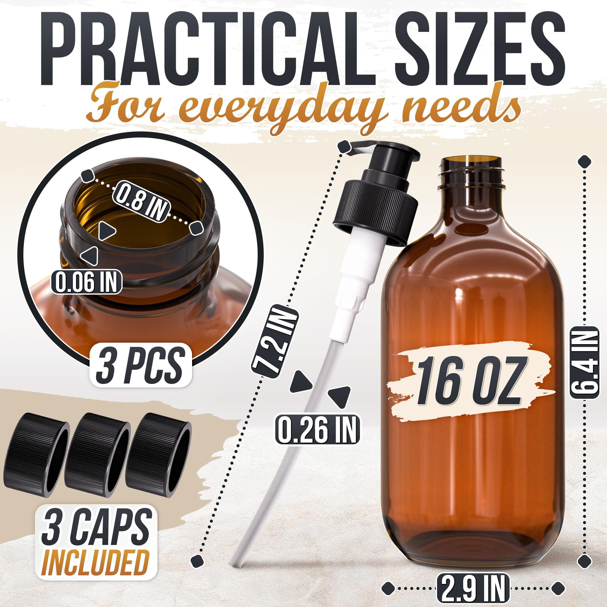 Aquue amber plastic pump bottle with smooth action reduces drips during refills.