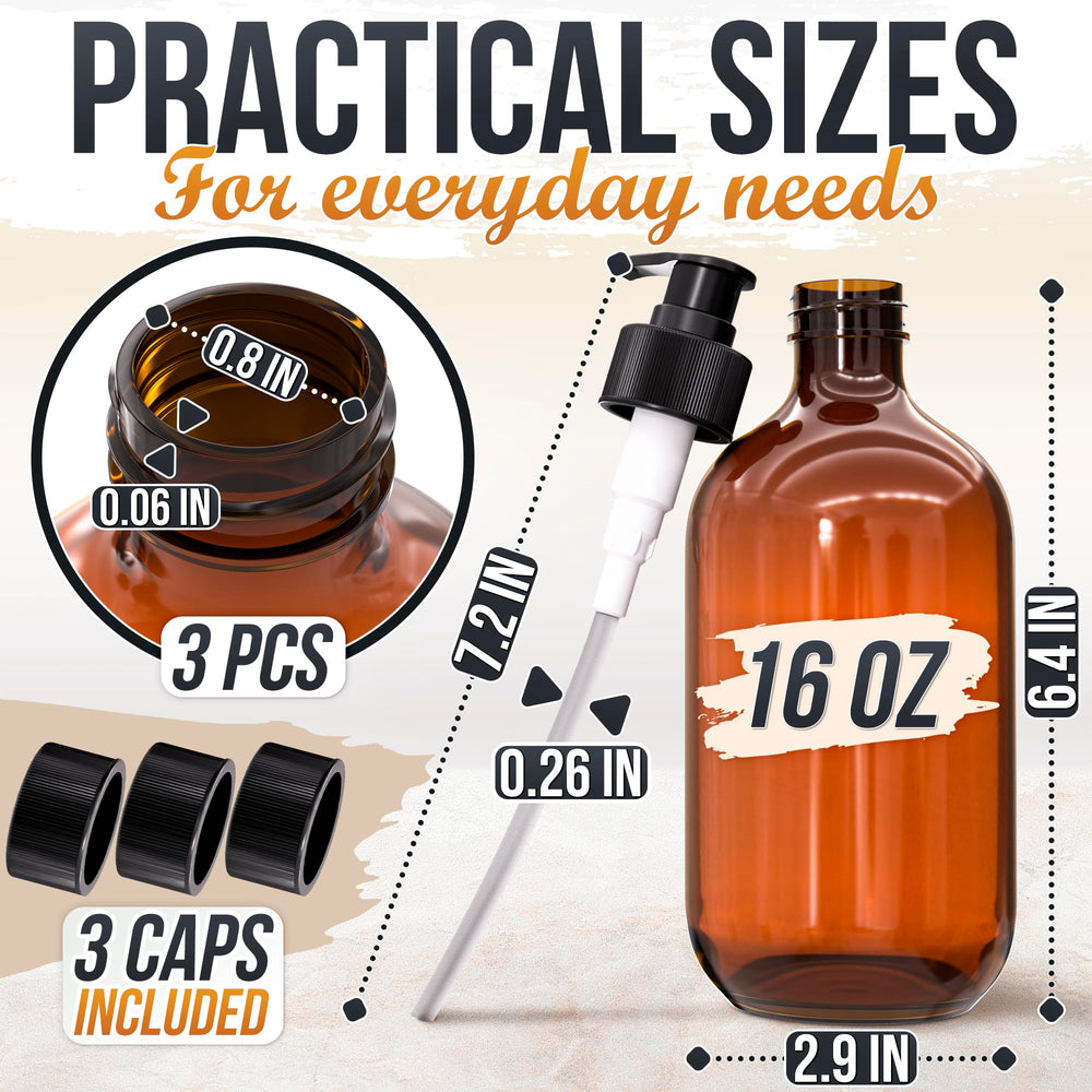 Aquue amber plastic pump bottle with smooth action reduces drips during refills.