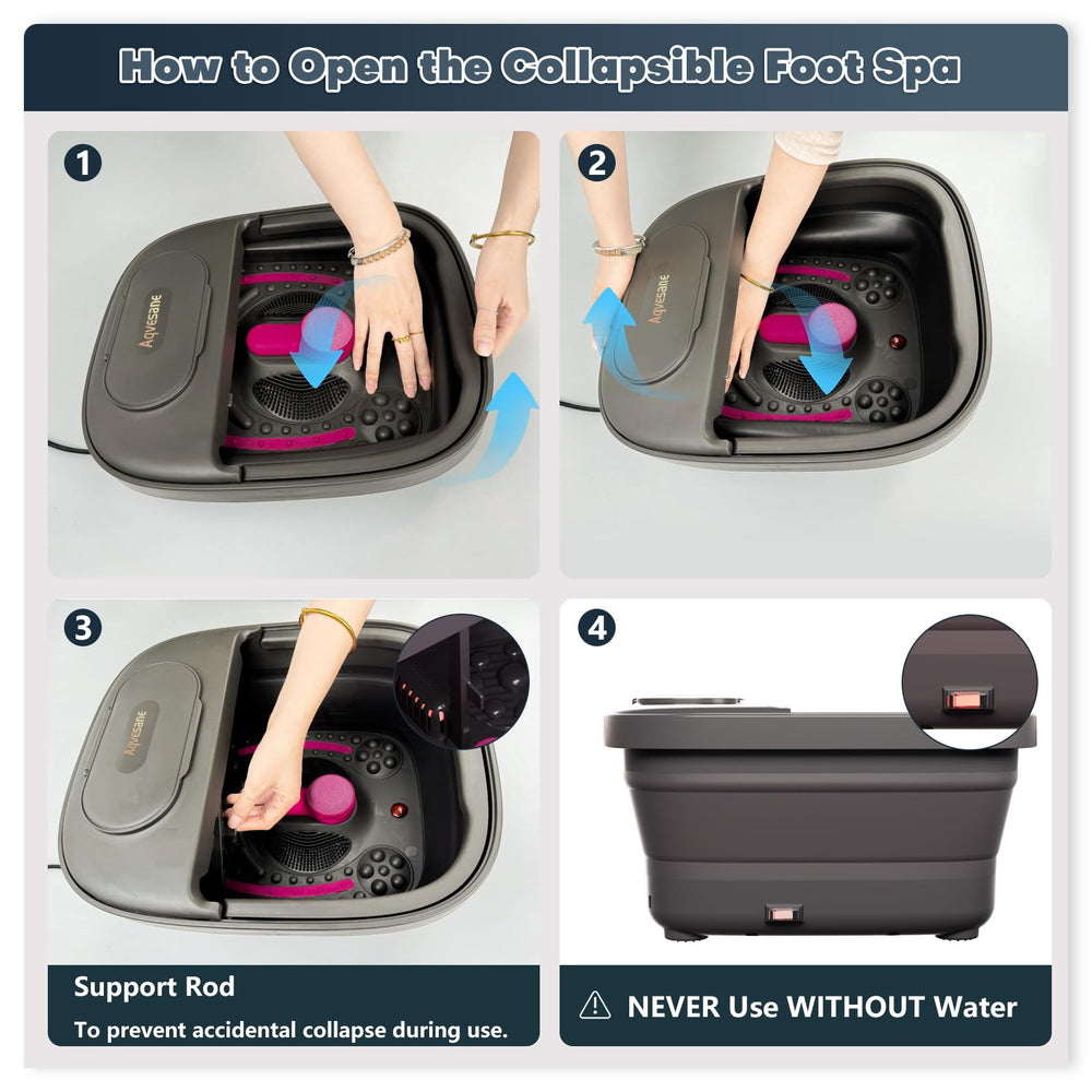 Aqvesane foot bath with sturdy carry handle and stability rod for safe use.