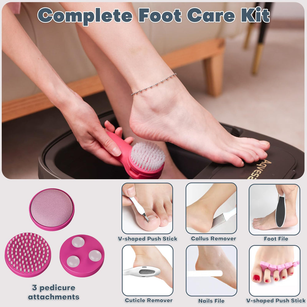 Aqvesane pedicure attachments with pumice, brush, and massager for at-home foot care.