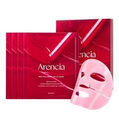 ARENCIA Red Collagen Jello Mask pack shot showing four hydrogel masks for overnight hydration.