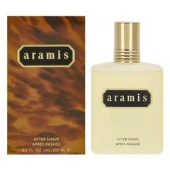 ARAMIS aftershave lotion bottle highlighting woody-leather profile for a refined masculine scent boost.