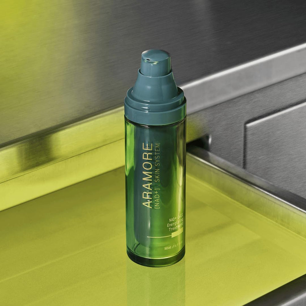 Aramore NAD+ Treatment bottle with dropper demonstrates simple daily application for improved skin health.