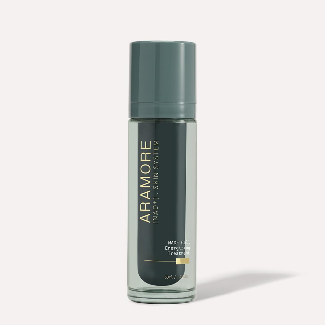 Aramore NAD+ Cell Energizing Treatment bottle closeup showcases premium packaging for revitalized skin.