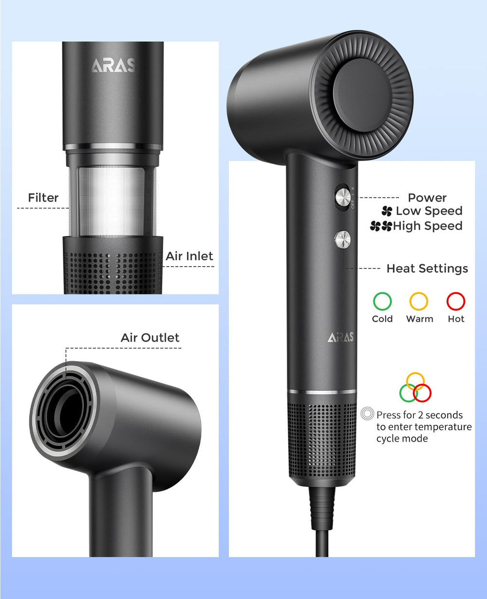 ARAS Hair Dryer lightweight design supports easy, comfortable handling