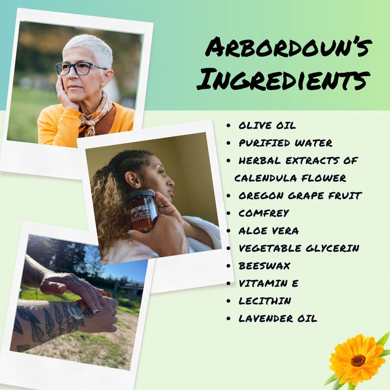 Arbordoun Calendula Cream ingredients: comfrey, Oregon grape, and aloe for gentle skin care.