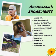 Arbordoun Calendula Cream ingredients: comfrey, Oregon grape, and aloe for gentle skin care.