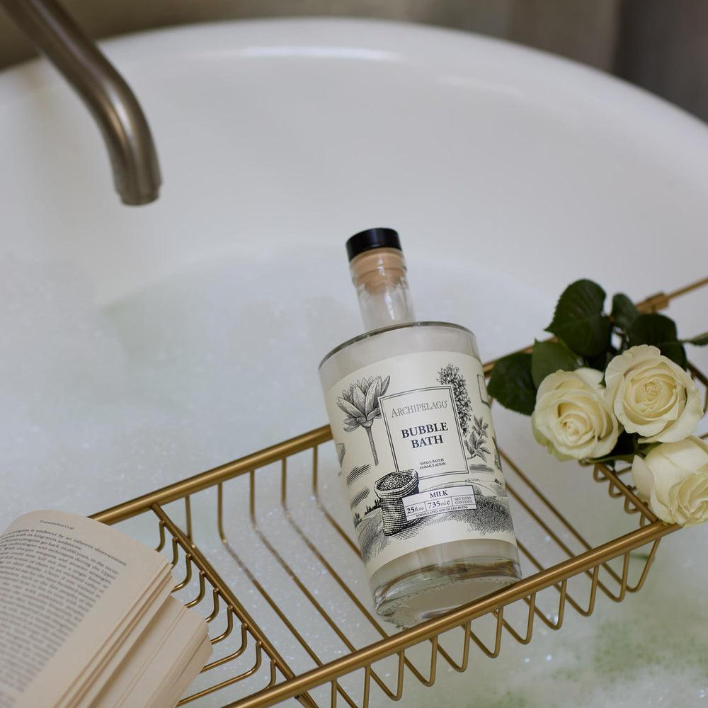 Archipelago Botanicals warm bath water with bubbles for a calming self care ritual