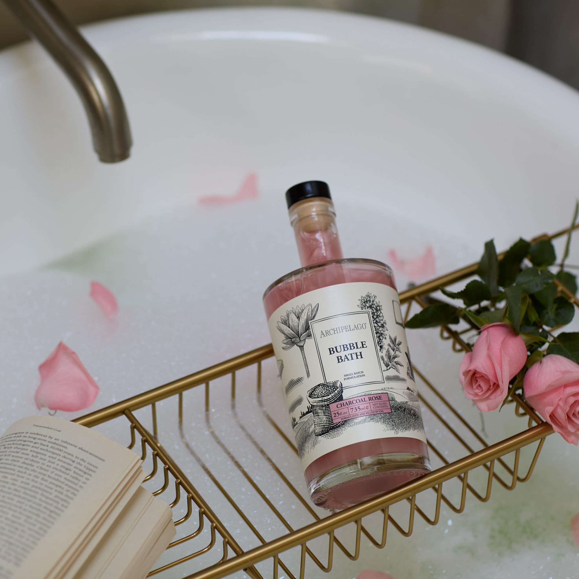 Archipelago Botanicals Rose extract detail emphasizes soothing, moisturizing benefits during soak.