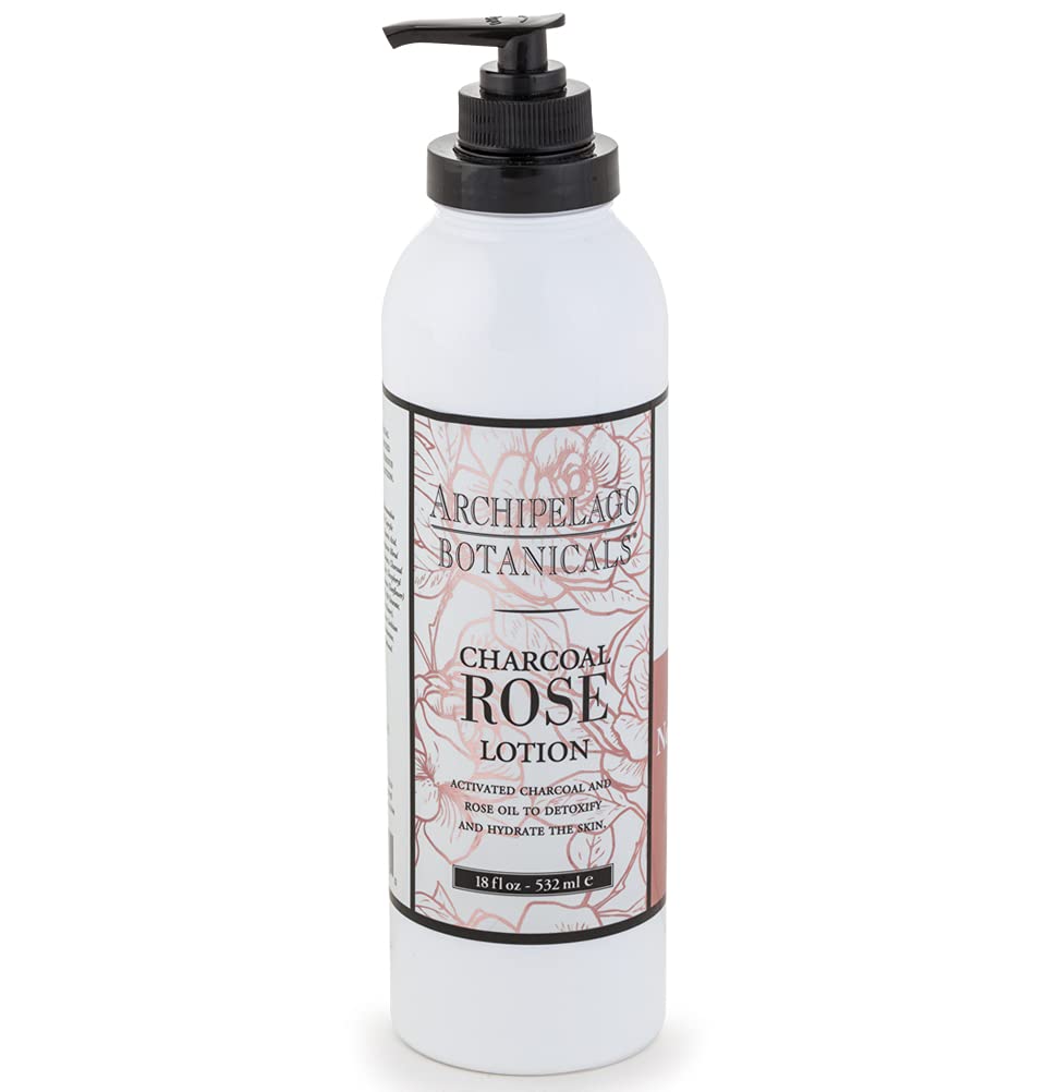 Archipelago Botanicals Charcoal Rose Lotion bottle closeup highlighting hydrating, non-greasy formula.