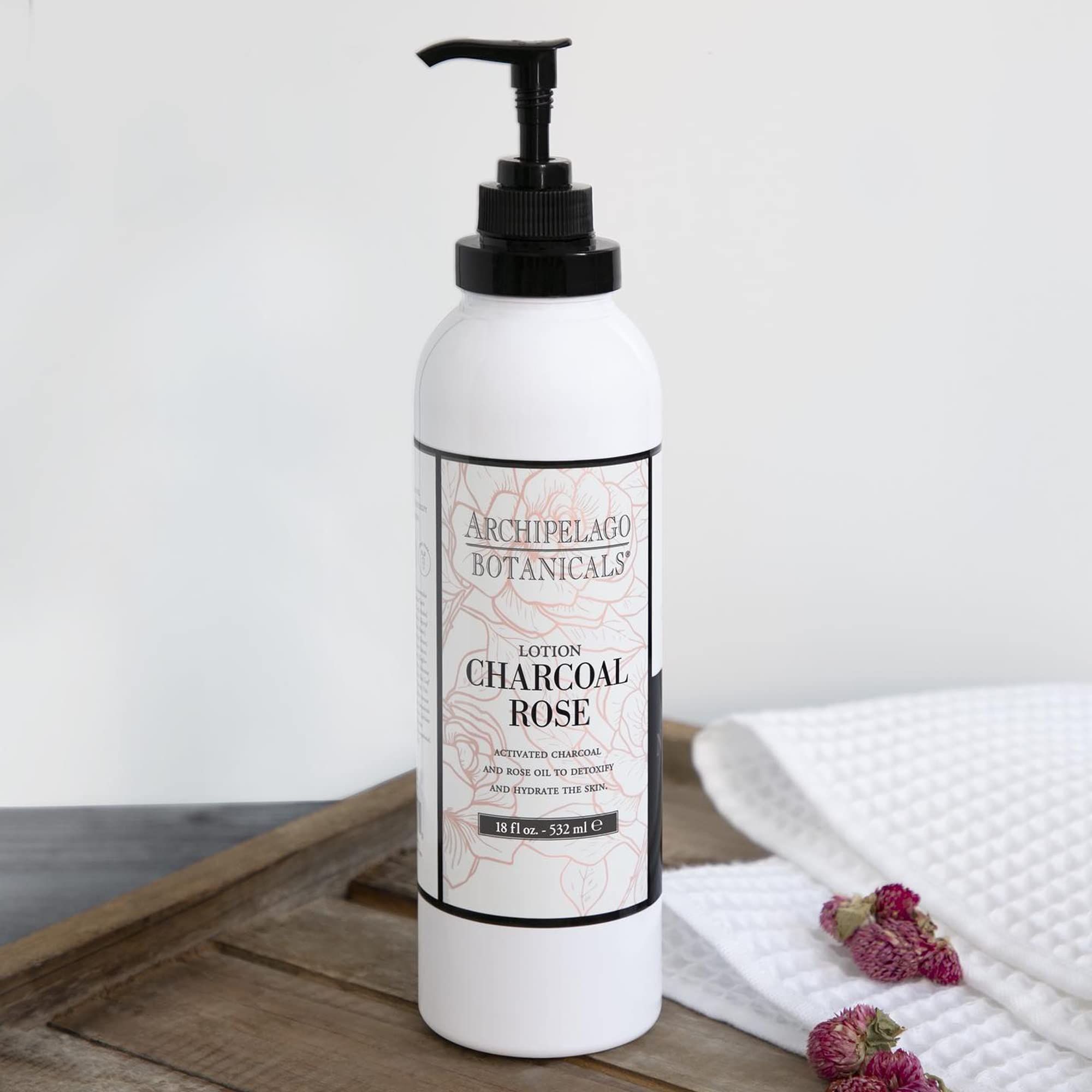 Archipelago Botanicals Charcoal Rose Lotion ingredients showcase charcoal and rose extract for refreshing skin.