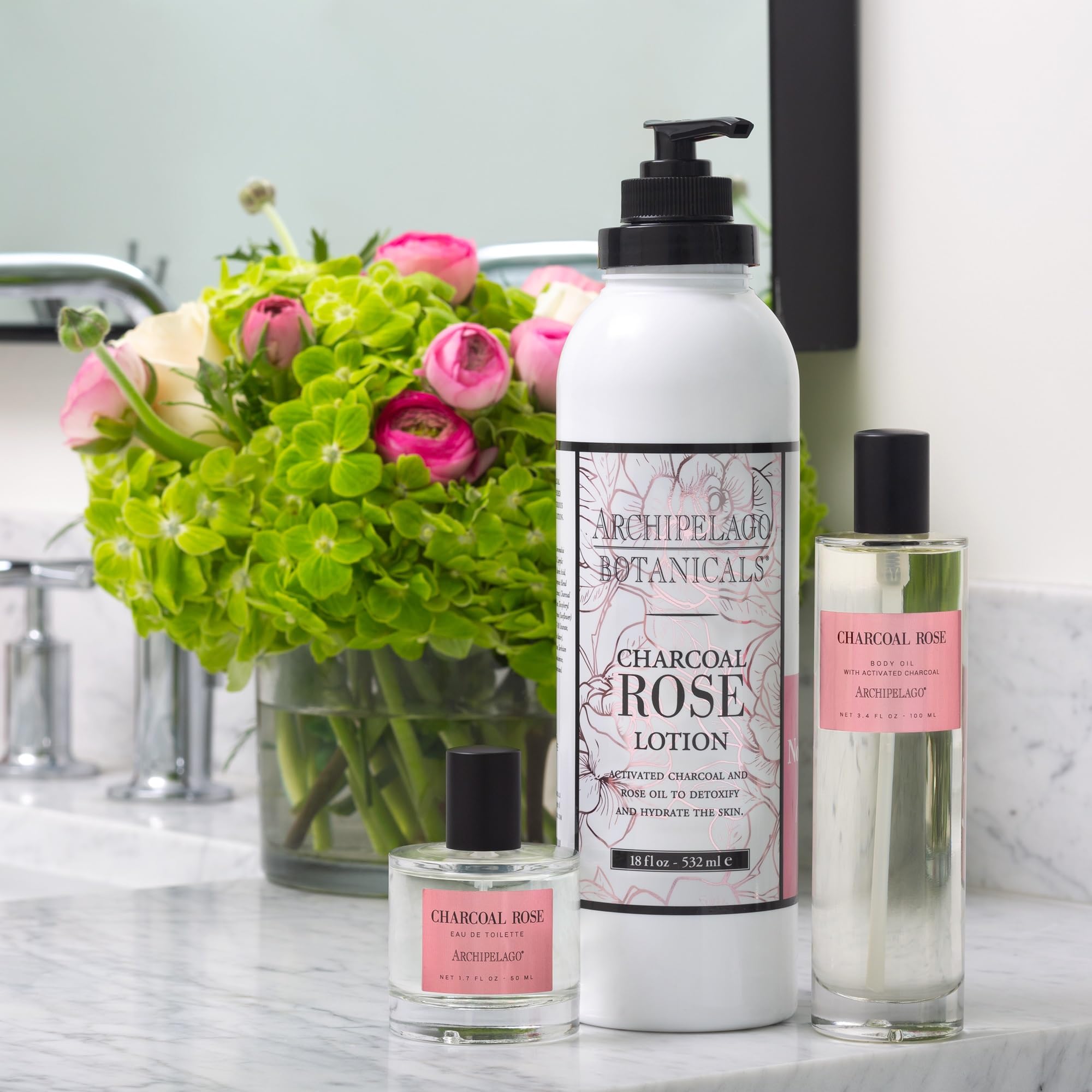 Archipelago Botanicals Charcoal Rose Lotion packaging front highlights cruelty-free labeling.