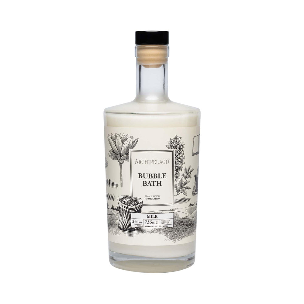 Archipelago Botanicals luxury milk bubble bath bottle pouring for a relaxing soak
