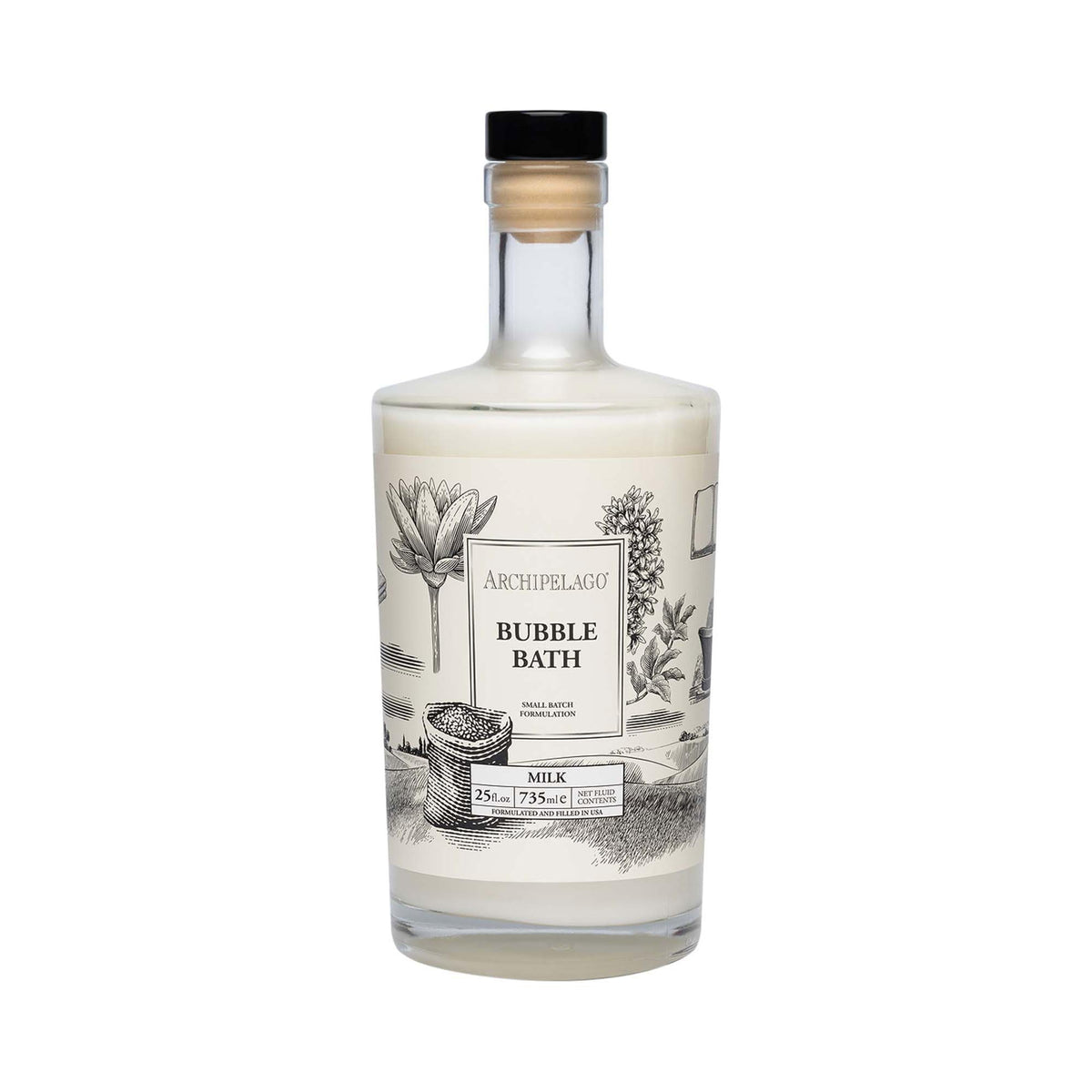 Archipelago Botanicals luxury milk bubble bath bottle pouring for a relaxing soak