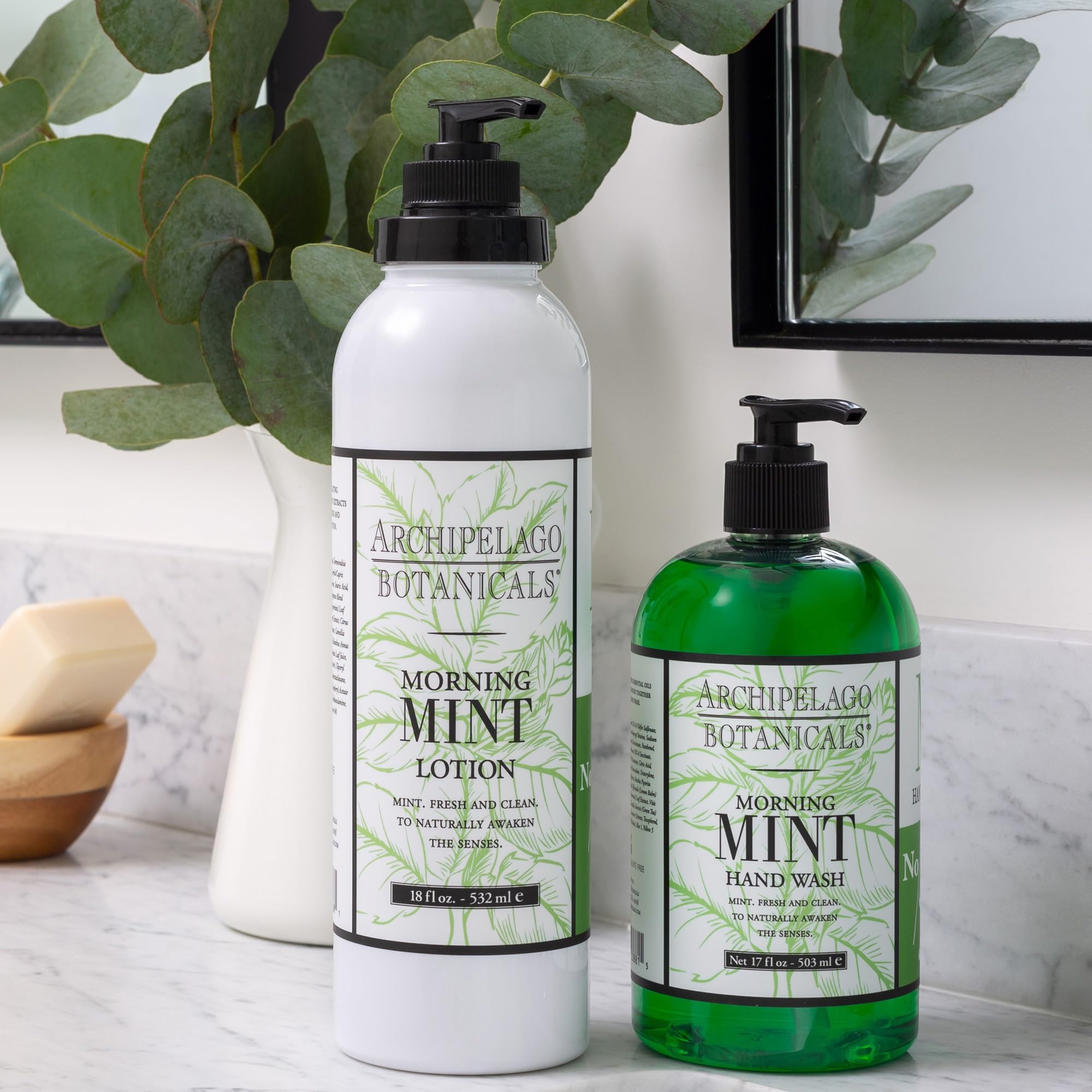 Archipelago Morning Mint Lotion basil and mandarin scent enhances mood during routine.